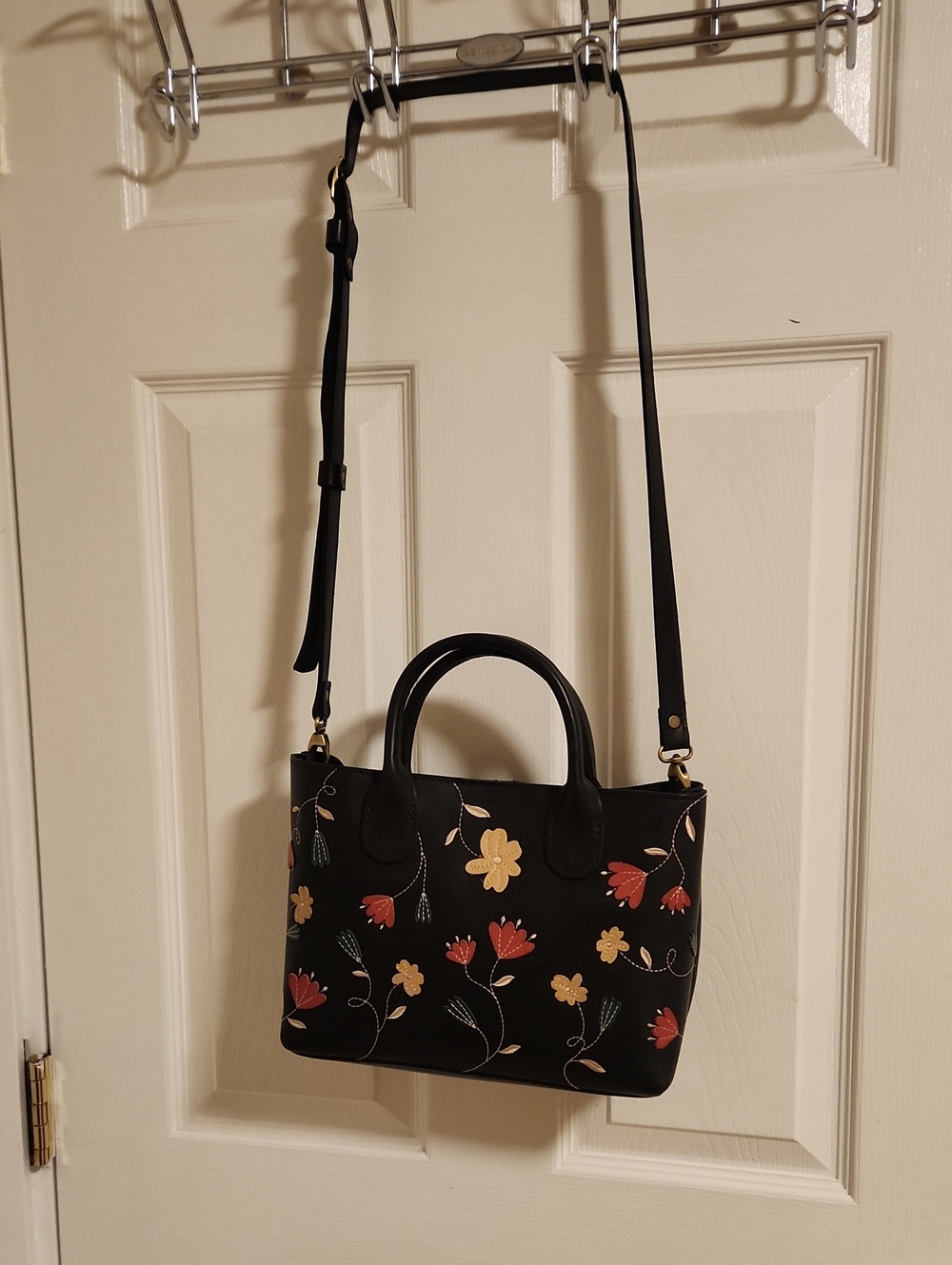 Black Floral Crossbody Tote Bag with Gold Accents